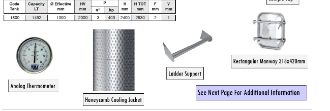 Marchisio Variable Capacity Tank, Sloped Bottom, Model SPAIPTR1500, Welded Legs, Cooling Jacket, And Rectangular Manway