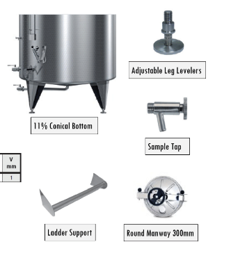 Marchisio Variable Capacity Tank, Conical Bottom, Model SPACTR1500, Welded Legs, Cooling Jacket, And Round Manway